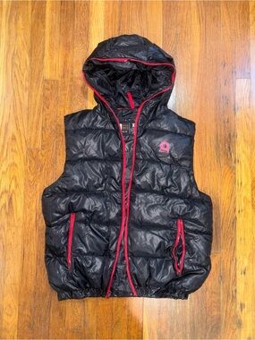 Akademiks Black Puffer Hooded Vest with Red Trim